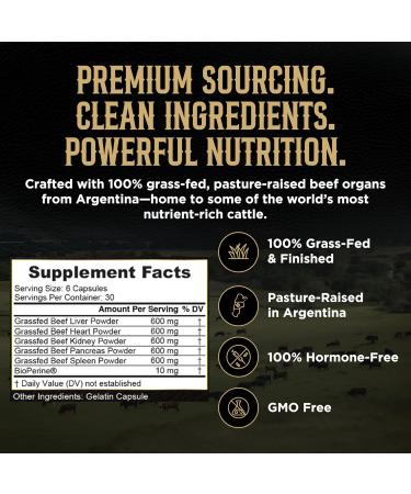 Grass Fed Beef Organ Supplement for Men & Women - PRIMUS Grassfed Beef Liver Capsules with Heart Ancestral Blend 5 Organ Meat Supplements & BioPerine for Absorption Vitality Energy 180 Pills - Buy Online on GoSupps.com