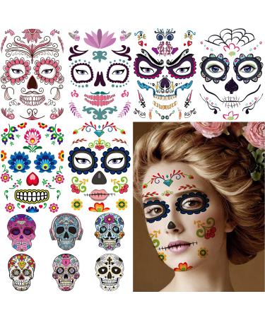 12 Sheets Day of the Dead Face Sugar Skull Tattoos  Including 6 Large Sheets Halloween Sugar Skull Temporary Face Tattoos