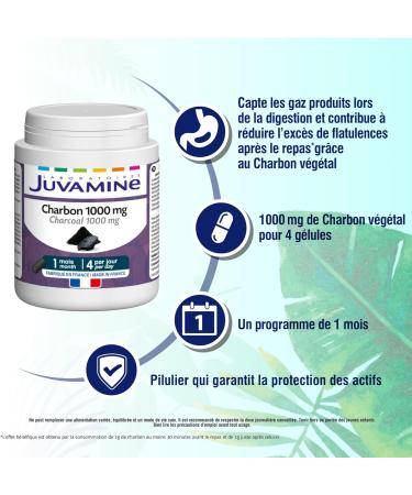 JUVAMINE - Vegetable Charcoal 1000 Mg - Digestion - Bloating - Flatulence - Gas - Helps reduce excess flatulence after a meal - 1 month program - 120 Capsules - Made in France - Buy Online on GoSupps.com
