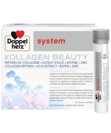 Doppelherz – Kollagen Beauty – Collagen Peptides for Healthy, More Elastic Skin – Acai Extract, Biotin and Zinc – Lychee-Melon Flavor – 30 Bottles of 25 ml