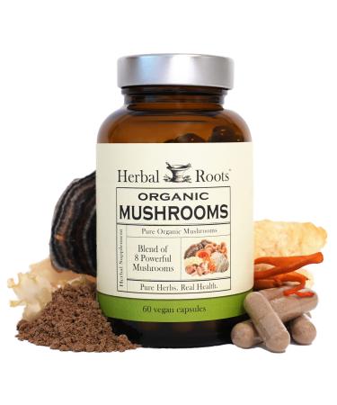 Herbal Roots Mushroom Supplement Capsules | Blend of 8 Organic Mushrooms | Turkey Tail Lion s Mane Shiitake Cordyceps Reishi Chaga Maitake Snow | 60 Vegan Capsules