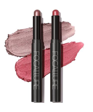 FOCALLURE 2 Pcs Shimmer Cream Eyeshadow Stick Brightener Eyeshadow Pencil Crayon Highlighter Eye Shadow Stick Sets with Crease-proof Formula Long Lasting Waterproof Eye Shadow Make Up Smoky Rose Blossom