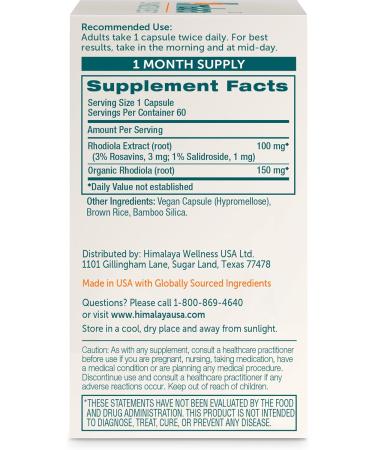 Himalaya Rhodiola for Energy & Stress Relief - 250 mg 60 Vegan Capsules Enhance Exercise Endurance - Buy Online on GoSupps.com