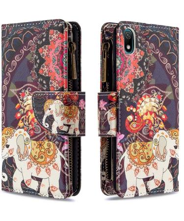 Miago Huawei Y5 2019 Leather Wallet Case - Colorful 9 Card Slots Elephant Flower Design Protective ZIP Flip Shell - Buy Online on GoSupps.com