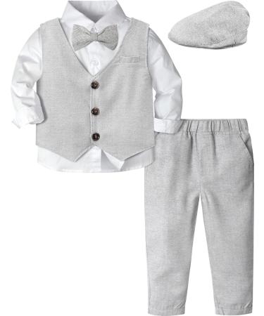 mintgreen Baby Boys Herringbone Tweed Suit Set 4pcs Wedding Outfit Shirt + Trousers + Waistcoat + Cap 1-4 Years Light Grey 18-24 Months