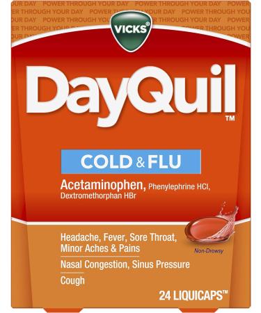 Vicks DayQuil Cold & Flu Medicine - Non-Drowsy Relief for Headache, Fever, Sore Throat & More - 24 Liquicaps - Buy Online on GoSupps.com