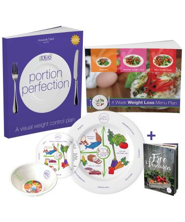 Weightloss for Women or Men Portion Control Plates Perfection - 4 Piece Weight Loss Kit Includes Melamine Portion Plate, Measuring Bowl, 4 Week Menu, Free Vegetables Cookbook