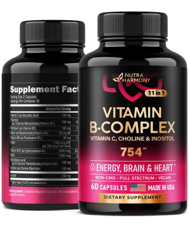 NUTRAHARMONY Vitamin B Complex - Made in USA - 11-in-1 B-Complex: B1  B2  B3  B5  B5  B6  B7  B9  B12 + Vitamin C  Choline  Inositol - Energy  Brain & Heart Support Supplements - 754 mg - 60 Capsules Vit B Capsules