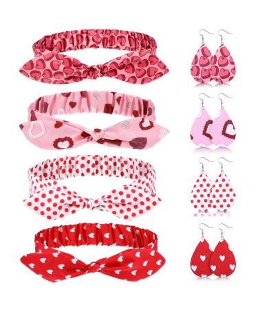 8 Pieces Valentine's Day Headbands and Valentines Faux Leather Drop Earrings Heart Shape Polka Dot Hair Scarf Scrunchies Headwrap Heart Print Dangle Earrings for Valentine Girls Women