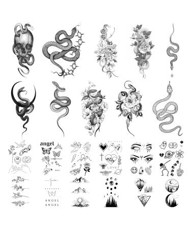 JINYOUS 22 Sheets Realistic Temporary Tattoo  10 sheets Sexy Snake Fake Tattoos Stickers  Floral Peony Rose Tribal Viper Snake Temporary Tatoos For Women Men Adults Body Art Forearm Arm Leg