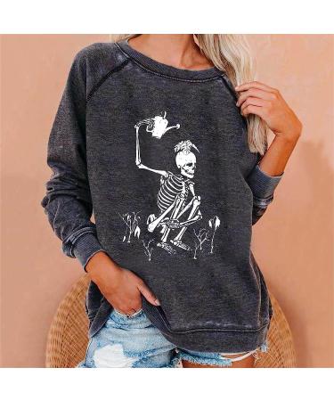 Vintage Skeleton Graphic Fall Sweatshirt for Women | Gothic Long Sleeve Pullover Top - Dark Gray - Buy Online on GoSupps.com
