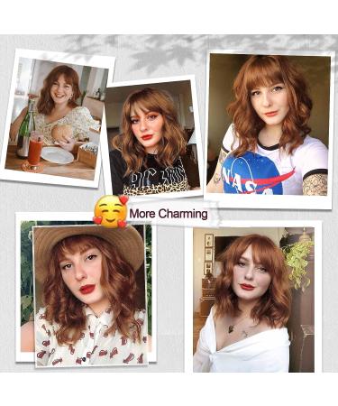 QYDEERY Auburn Brown Bob Wig with Bangs - 14 Inch Short Wavy Synthetic Heat Resistant Wig for Women | Shoulder Length Curly Bob Wig for Daily & Party Wear - Buy Online on GoSupps.com