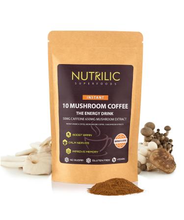 NUTRILIC 10 Mushroom Coffee (40 Servings)- Instant Arabica with Micro Ground Coffee blend with Lions Mane Chaga Cordyceps Reishi Maitake Shiitake Black Fungus Tremella Ginseng Extract - Buy Online on GoSupps.com