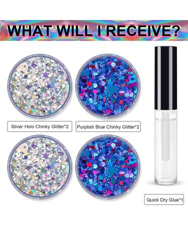 Buy Silver & Purplish Blue Holographic Chunky Glitter - 4 Pots 32g | Festival & Rave Accessories with Quick Dry Primer Glue Gel - Buy Online on GoSupps.com