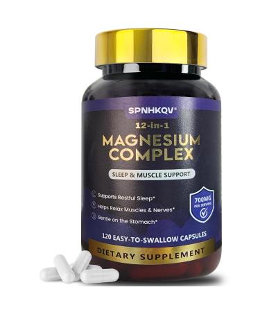 SPNHKQV Magnesium 12-in-1 Complex Supplement 700mg High Absorption Magnesium Glycinate Capsules for Women & Men Muscle Nerve & Sleep Support 120 Vegan Capsules