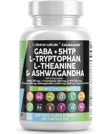 Clean Nutraceuticals GABA 750mg 5 HTP 200mg L Tryptophan 500mg L Theanine 200mg Ashwagandha 3000mg SAM-e L-Glycine - Mood Support Vitamins for Women and Men with L-Tyrosine - Made in USA 60 Caps - Buy Online on GoSupps.com