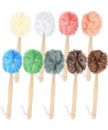 9 Pcs Loofah on a Stick Loofah Back Scrubber Shower Loofah Long Handled Loofah for Men Soft Mesh Shower Sponges for Women Bath Sponge with Hook to Hang Exfoliating Luffa for Body Shower  Multicolored