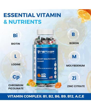 nETiXER Multivitamin Gummies 60 Vegan Berry Gummies with Vitamins A, C, D, E, B12, Biotin, Zinc, Iodine Gelatin-Free, Gluten-Free, Non-GMO No Artificial Colors or Flavors | Individually Wrapped - Buy Online on GoSupps.com