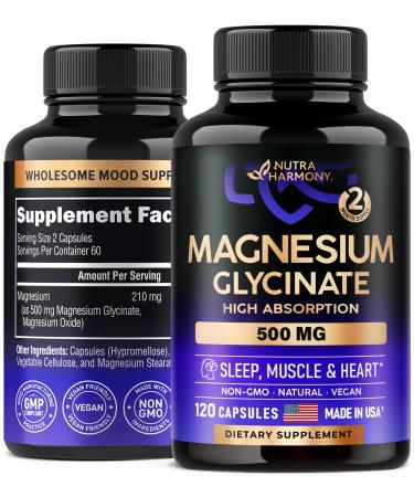 Magnesium Glycinate 500 mg - Chelated High Absorption Supplements - Made in USA - Stress Relief Sleep & Relaxation Support - Muscle & Heart - Natural & Vegan Pills - 120 Capsules 2 Month Supply