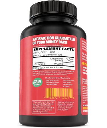 Glutamine Tablets - Pure Non GMO with Natural Ingredients - 120 Pills at 1000mg - Amino Acid Supplement by Raw Barrel - Buy Online on GoSupps.com