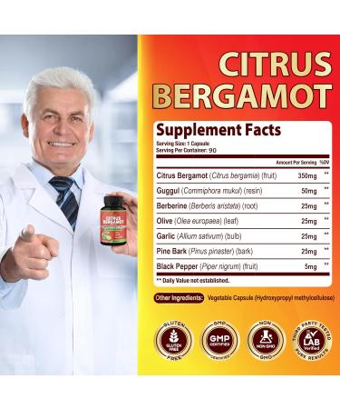 Organic Cadane Citrus Bergamot Supplement Extract Capsules 90 Caps 3 Months Supply & Berberine Olive Guggul Garlic Pine Bark Black Pepper - Buy Online on GoSupps.com