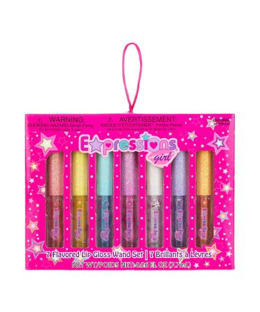 Expressions Kids Teen Girls Ladies & Womens 7 Piece Lip Gloss Wand Set, Glittery Fruity Flavors, Ages 5+ Fruity Flavors, Non Toxic, Kid Friendly, Party Gift, Best Friend 7 Count (Pack of 1)