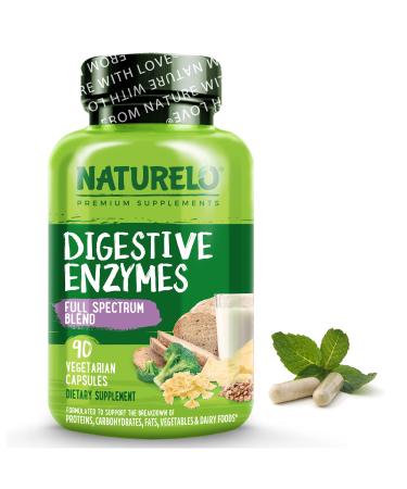 NATURELO Digestive Enzymes - Full Spectrum Support with a Broad Blend of 15 Enzymes Plus Ginger - 90 Vegan Capsules Digestion Support 90 Count (Pack of 1)