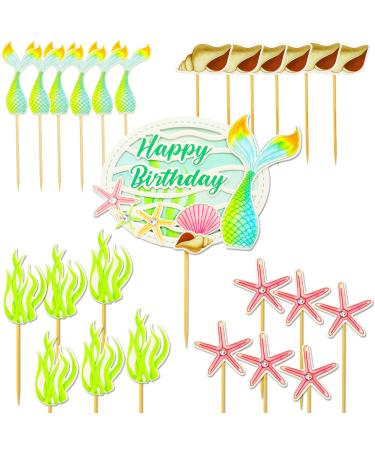 25 Pieces Mermaid Cupcake Toppers Glitter Mermaid Theme Birthday Cake Topper used for Baby Shower Mermaid Cake Decorations Birthday Party Favors Mermaid Tail Starfish Conch and Seaweed Food Picks