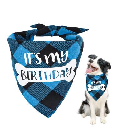 VIPITH Double Sided Cotton Dog Birthday Bandana Girl Boy, Washable Reversible Plaid Painting Dog Scarf Bibs for Small Medium Large Unisex Dogs Cats Pets Blue