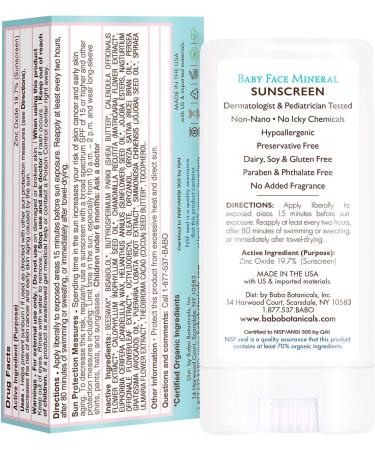 Babo Botanicals Baby Face Mineral Sunscreen Stick SPF 50 - 70% Organic Ingredients, Zinc Active, Water-Resistant, Reef-Friendly, Fragrance-Free - 0.6 oz - Buy Online on GoSupps.com
