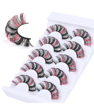 ALPHONSE Colored Pink Eyelashes 15MM Fluffy Volume False Lashes D Curl Dramatic Russian Lash Strips Eye Lashes 5 Pairs Pack for Cosplay Costumes