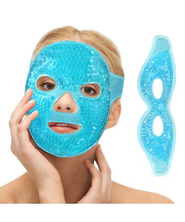 Ice Face Mask + Ice Eye Mask  Gel Face Mask Hot Cold Compress Therapy Reusable Cooling Face Eye Mask for Pain Relief Migraines Headaches Puffiness (Blue)