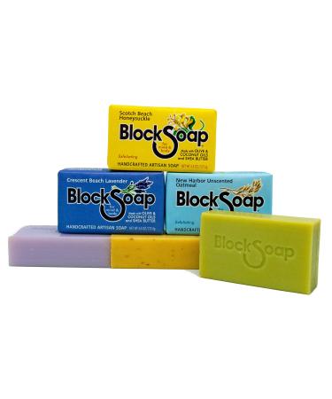 BlockSoap Artisan Bar Soap with Sea Salt Olive Oil Coconut Oil and Shea Butter (4.5oz) - Assorted Scents Lavender Bayberry Unscented Oatmeal 3 Pack