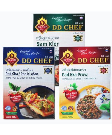 DD Chef Thai Stir-Fry Paste - 3 Variety Pack/12 Dishes of Mix Sam Kler Pad Kra Prow & Pad Cha Paste for Cooking Taste of Original Authentic Asian Chef Natural Herb Ingredients No Salt Vegan