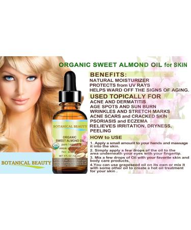 Botanical Beauty Organic SWEET ALMOND OIL 100% Pure Natural Virgin Unrefined Undiluted Cold Pressed Carrier Oil for Face Skin Body Hair Massage Nails. 4 Fl. oz - 120 ml - Buy Online on GoSupps.com
