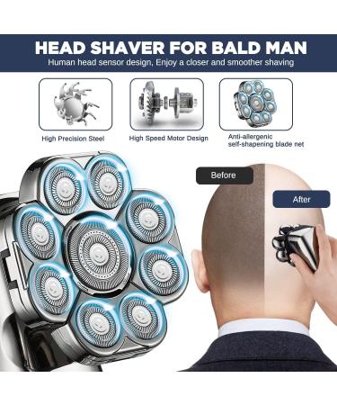 LOVCOYO 9D IPX6 Waterproof Head Shaver for Men - 6 in 1 Bald Head Shaver Kit with LED Display, USB Rechargeable Electric Shaver for Bald Men - Silver - Buy Online on GoSupps.com