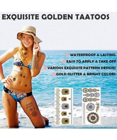 Gold Temporary Tattoos - 10 Sheets, 100+ Designs for Women, Metallic Face Glitter Stickers, Waterproof, Realistic and Long-Lasting - Buy Online on GoSupps.com