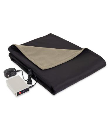 Eddie Bauer Portable Heated Electric Throw Blanket-Rechargeable Lithium Battery with USB Port-Water Resistant Weather Smart Fleece for Travel, Camping, and Outdoor Use, Light Khaki/Black