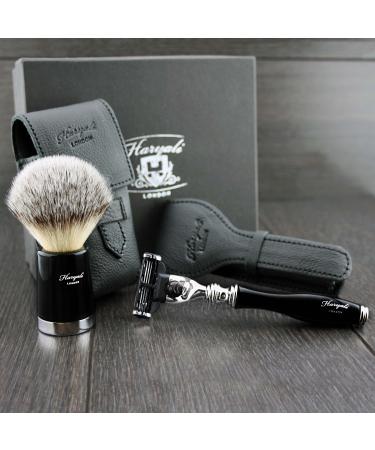Men's shaving set with 3 blades safety razor with synthetic badger hair and shaving brush