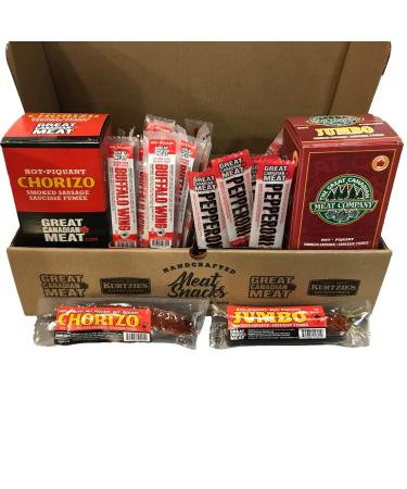 Hot & Spicy Meat Snack Bulk Box Hot Pepperoni Smoked Sausage Buffalo Wing & Chorizo Meat Snacks by Great Canadian Meat Meat Stick Snacks Bulk Sausage Pepperoni Sticks Box For Carnivores. Perfect For Snacking Gluten Free High In Protein