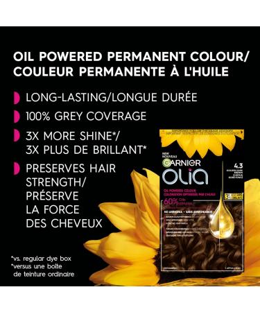 Garnier Olia Permanent Hair Dye Ammonia-Free Hair Color 4.3 Golden Dark Brown 100% Grey Coverage Long-Lasting Hair Shine With 60% Oils 1 Application BROWN SHADES 4.3 Golden Dark Brown - Buy Online on GoSupps.com