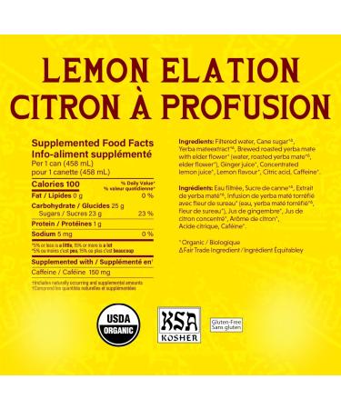 Guayaki Yerba Mate Tea Canned Beverage Lemon Elation Flavor 458 mL (Pack of 12) - Buy Online on GoSupps.com