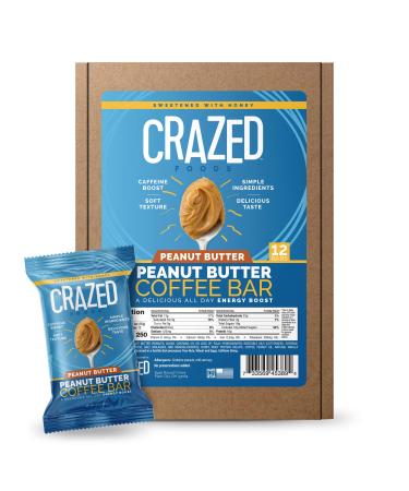 Crazed Foods, Peanut Butter Coffee Energy Bar, Simple Ingredients, Caffeine Boost, Soft Texture, 16g of Protein,12 Bars