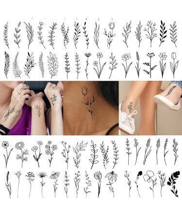 Kotbs Realistic Tiny Branch Black Flower Temporary Tattoos - Pack of 18 Sheets | Small Bouquet Wild Plant Floral Fake Tattoos for Women, Girls, and Kids - Buy Online on GoSupps.com