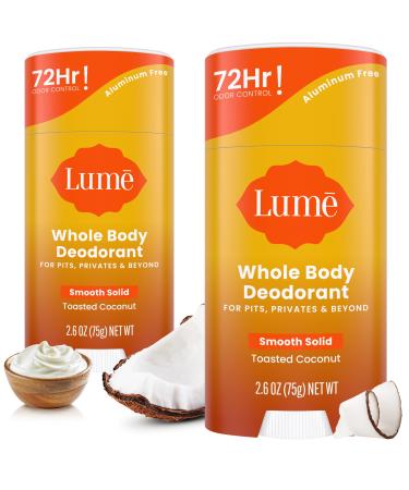 Lume Whole Body Deodorant - Smooth Solid Stick - 72 Hour Odor Control - Aluminum Free Baking Soda Free and Skin Safe - 2.6 Ounce (Pack of 2) (Toasted Coconut) Toasted Coconut 2.6 Ounce (Pack of 2)
