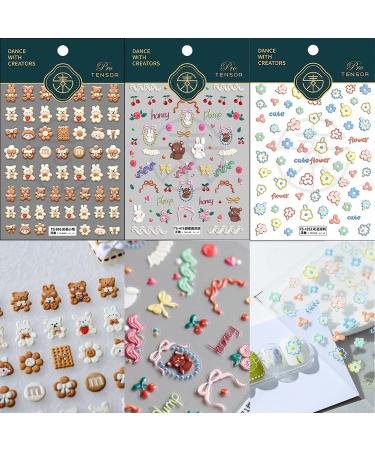 Flower Nail Art Stickers Decals 5D Cute Animal Bear Embossed Nail Sticker Cherry Rabbit Self-Adhesive Nail Decoration Manicure Supplies for Girls Kids(3 Sheets)
