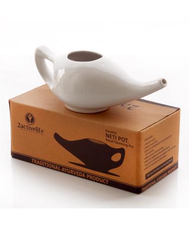 2activelife Ceramic Neti Pot Premium Handcrafted Nose Cleaner for Sinus Dishwasher Safe 225 Ml Capacity White Color