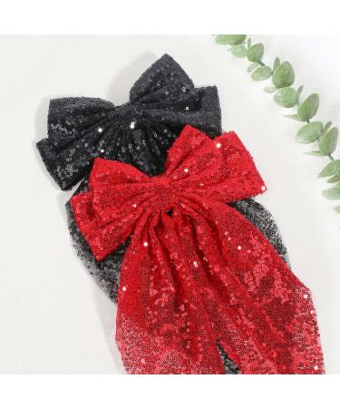 2Pcs Glitter Layered Hair Bows 8 Inch Barrette Hair Clip for Women Girls - Black+Red - Buy Online on GoSupps.com