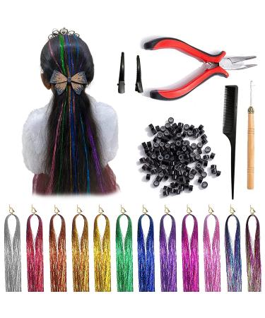 Zealibrate 12 Color Hair Tinsel Kit with 2400 Fairy Strands & Tools – Heat Resistant Sparkling Shiny Glitter Metallic Rainbow Holographic Hair String Extensions - Christmas New Year Hair Accessories