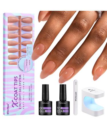 BTArtbox Almond Nail Tips - Brown Soft Gel Nail Kit with 150 pcs Medium Fake Nails Gel Nail Glue Top Coat Nail Lamp Pre-colored Press on Nails for Nail Art Easy DIY A-Medium Almond